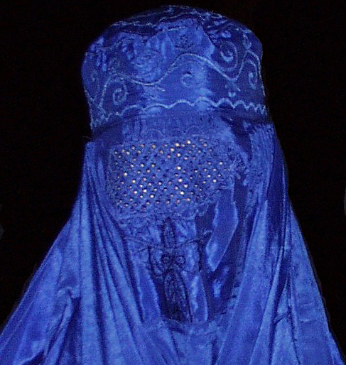 [Closeup of face of burqa]